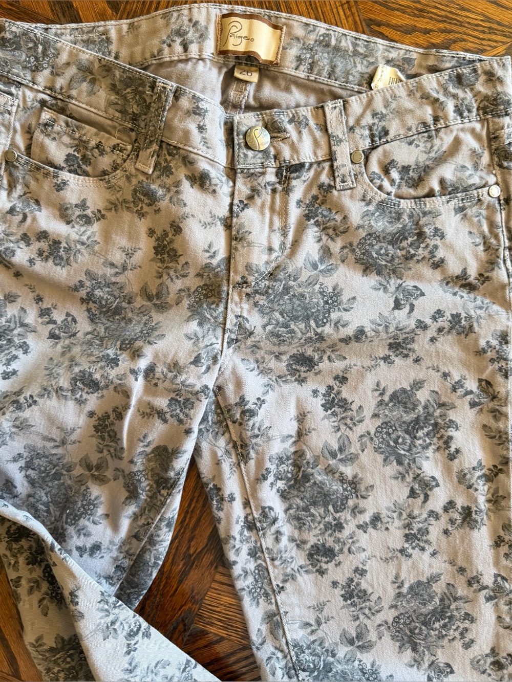 PAIGE Peg Skinny Floral Print Jeans Pink Gray - Picture 2 of 14